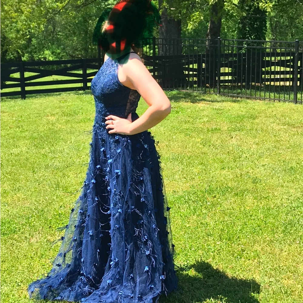 “JOVANI” Navy Blue Feather Formal Dress Size 12